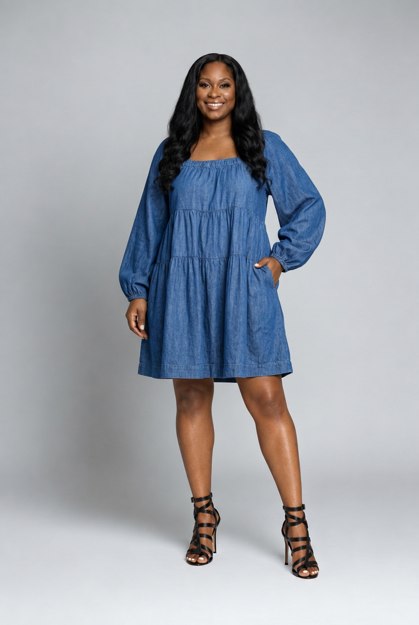 Denim Baby Doll dress on the Ribbons model