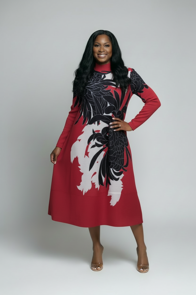 Model wearing burgundy floral dress