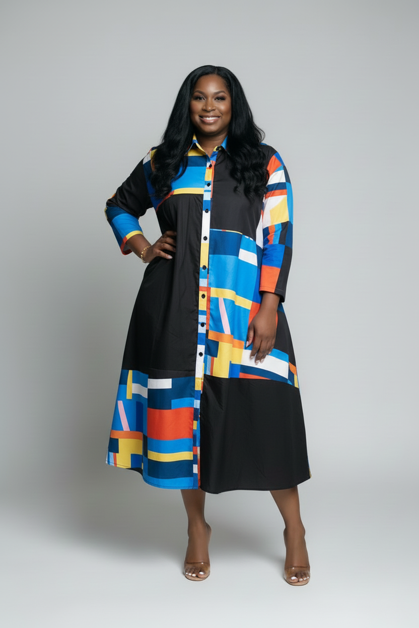 Model wearing colorblock dress at calf-length