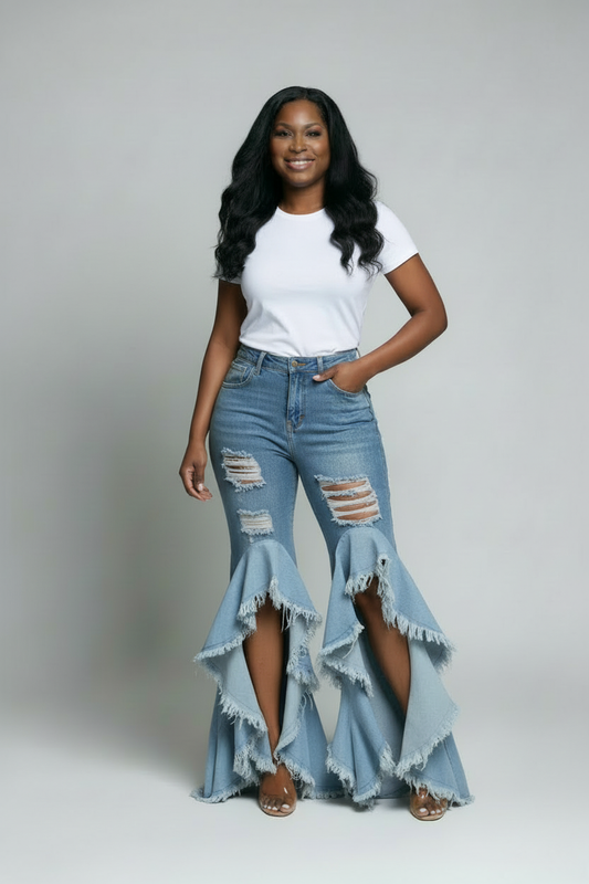 Model wearing Flawed But Favored jeans without bow