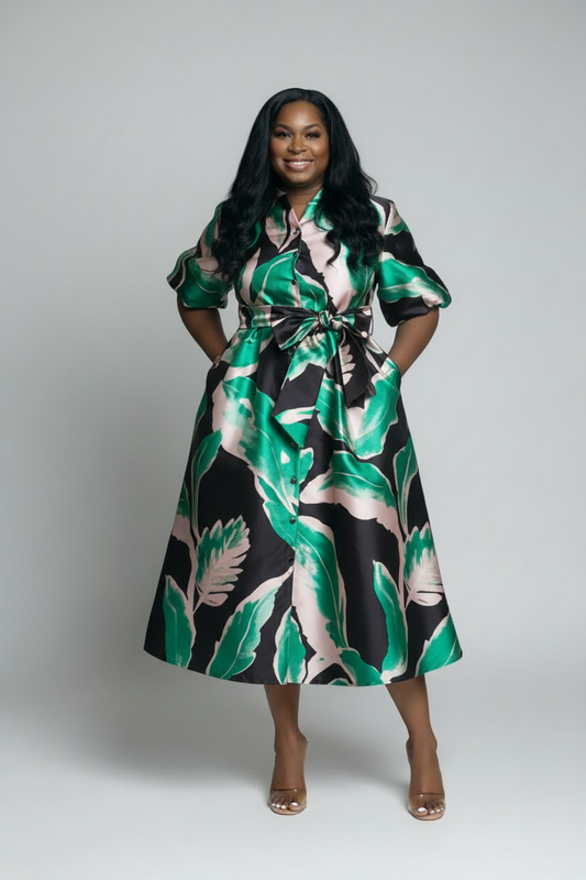 Model wearing Green Leaves dress - correct version