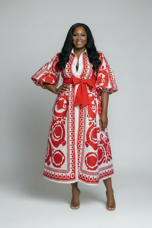Model wearing red ornate tea-length dress