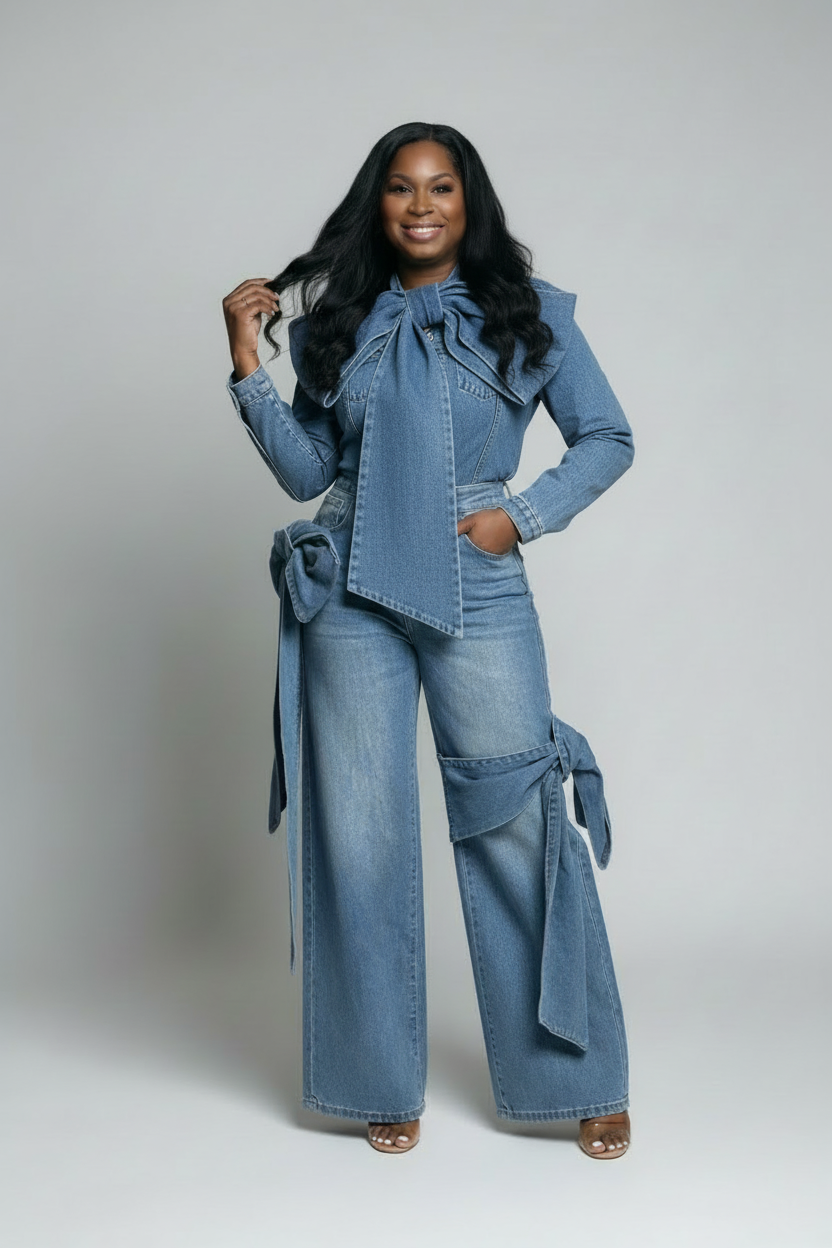 Model wearing Take a Bow jeans with Over The Top