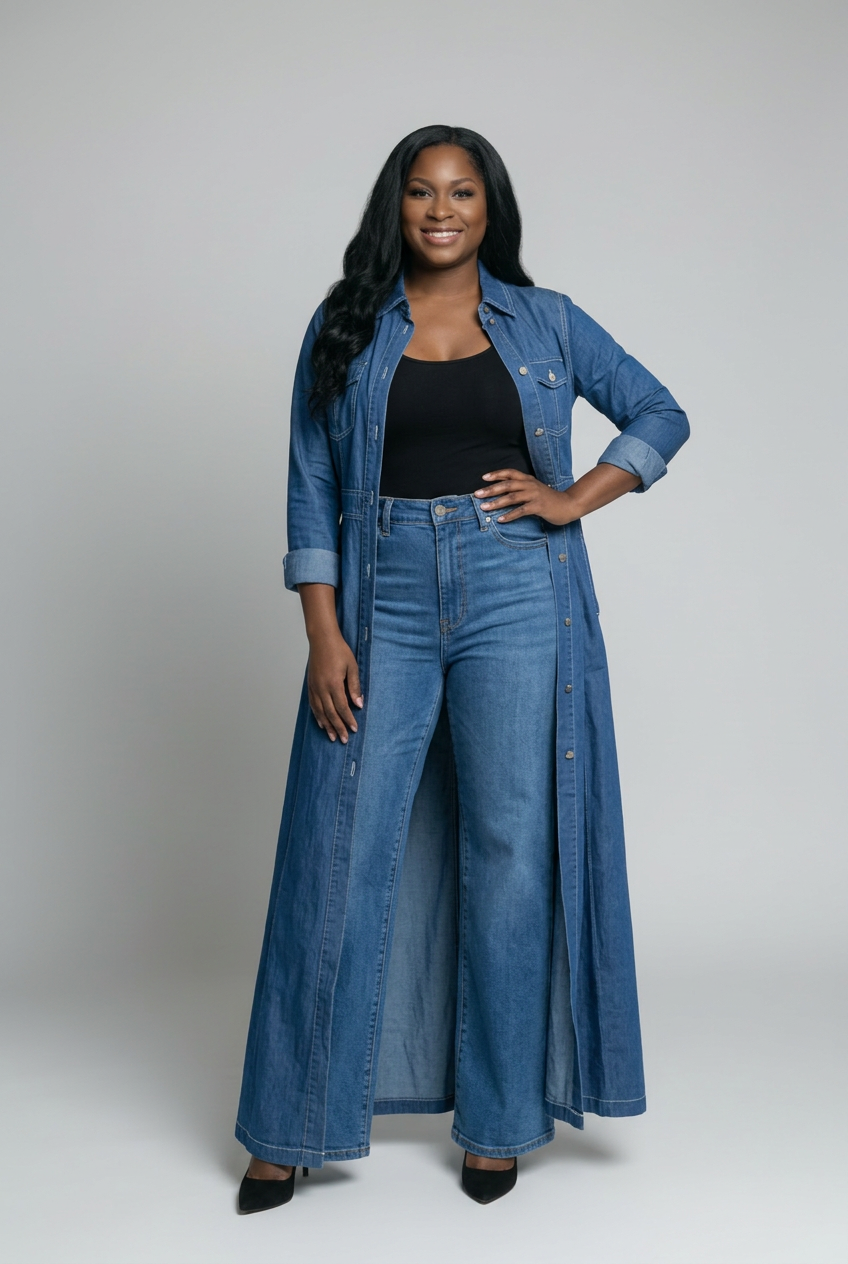 Open denim coat outfit on your model