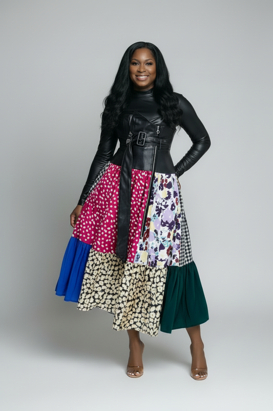 Patch of Art skirt styled with leather bodysuit